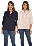 Pack Of 2 Women Navy Blue & White Rayon Tops Combo