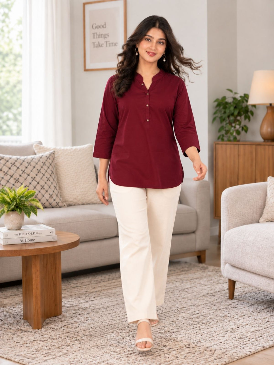Wine Cotton Comfort Tops