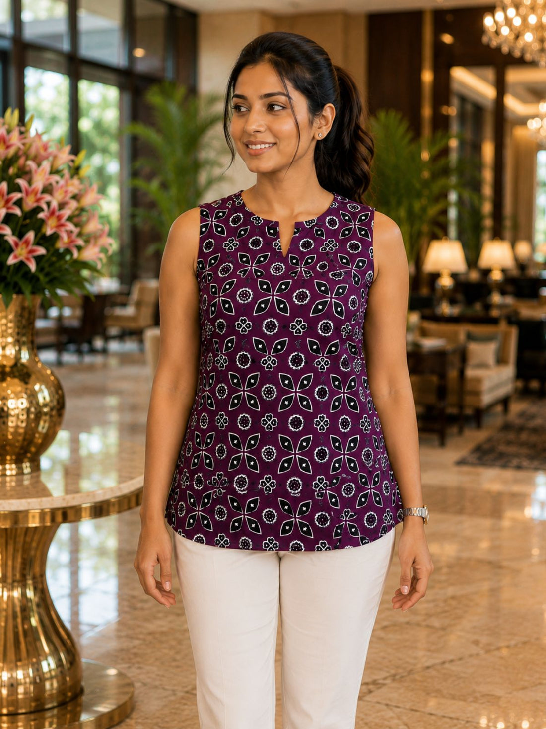 Wine Printed Sleeveless Top
