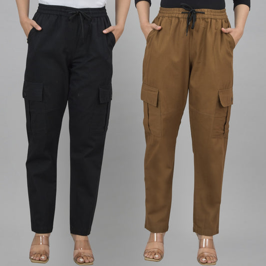 Pack  Of 2 Womens Black And Brown 5 Pocket Twill Straight Cargo Pants