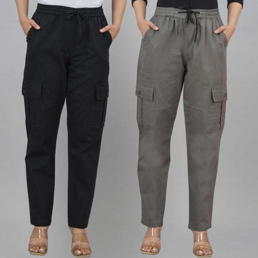 Pack  Of 2 Womens Black And Grey 5 Pocket Twill Straight Cargo Pants