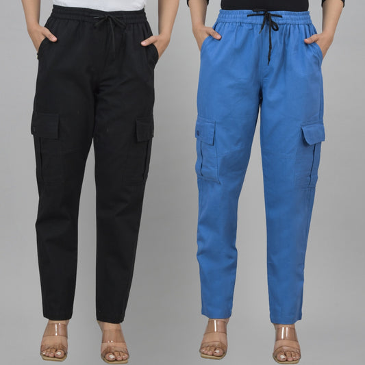 Pack  Of 2 Womens Black And Blue 5 Pocket Twill Straight Cargo Pants