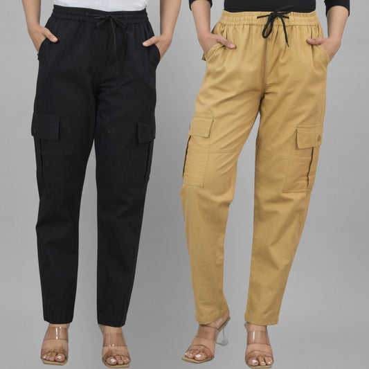 Pack  Of 2 Womens Black And Khaki 5 Pocket Twill Straight Cargo Pants