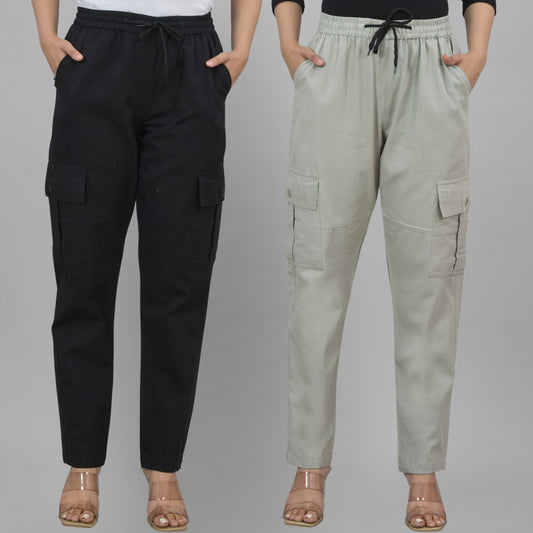 Pack  Of 2 Womens Black And Melange Grey 5 Pocket Twill Straight Cargo Pants