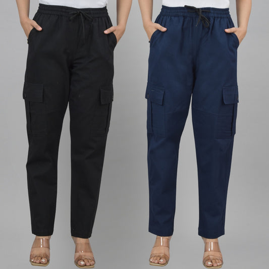 Pack  Of 2 Womens Black And Navy Blue 5 Pocket Twill Straight Cargo Pants