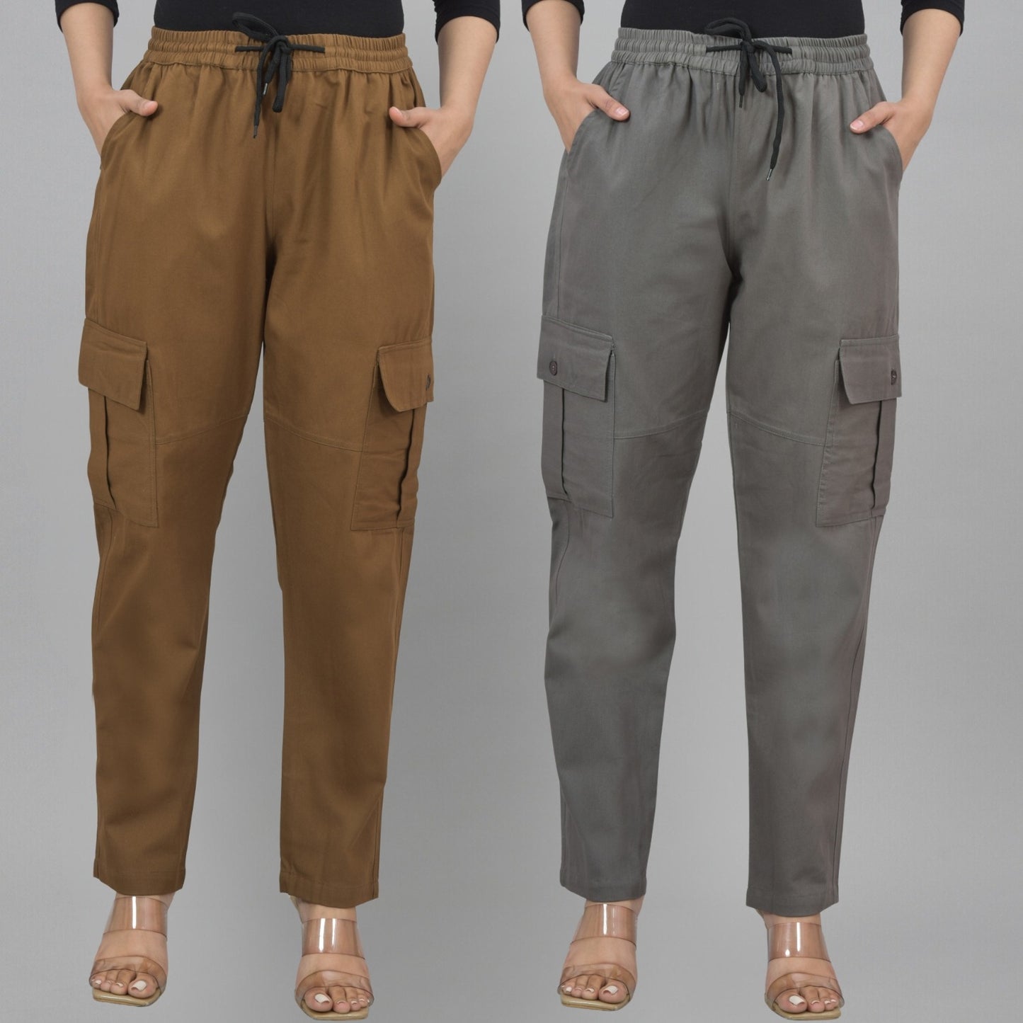 Pack  Of 2 Womens Brown And Grey 5 Pocket Twill Straight Cargo Pants