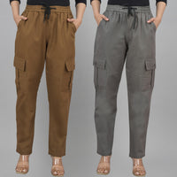 Pack  Of 2 Womens Brown And Grey 5 Pocket Twill Straight Cargo Pants