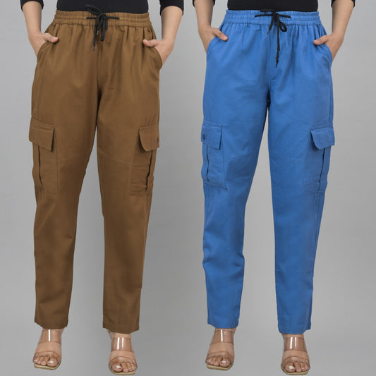 Pack  Of 2 Womens Brown And Blue 5 Pocket Twill Straight Cargo Pants