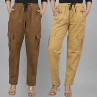 Pack  Of 2 Womens Brown And Khaki 5 Pocket Twill Straight Cargo Pants