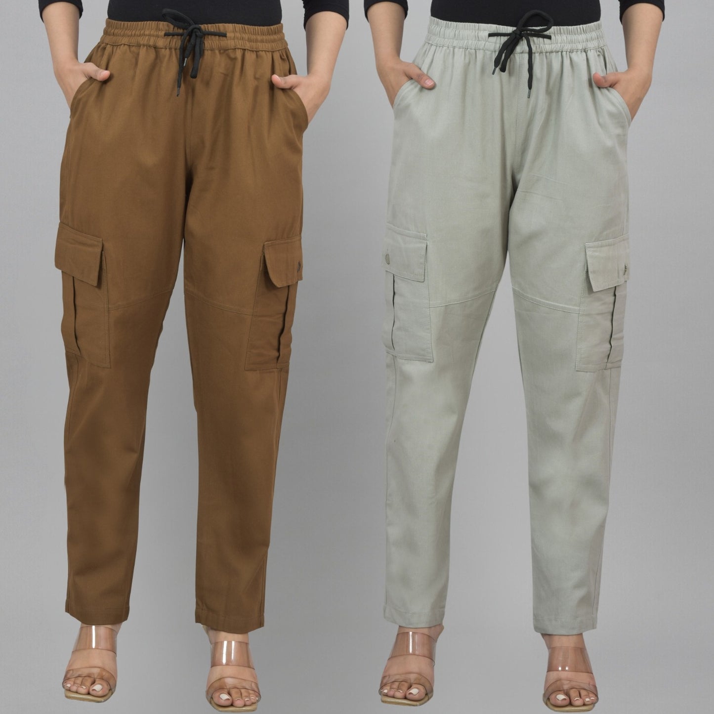 Pack  Of 2 Womens Brown And Melange Grey 5 Pocket Twill Straight Cargo Pants