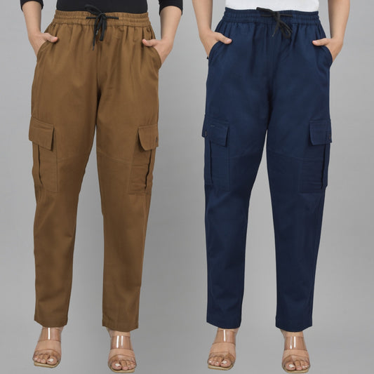 Pack  Of 2 Womens Brown And Navy Blue 5 Pocket Twill Straight Cargo Pants