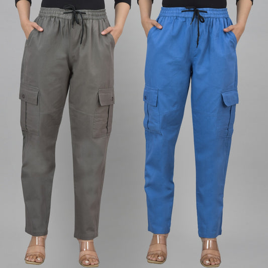 Pack Of 2 Womens Grey And Blue 5 Pocket Twill Straight Cargo Pants