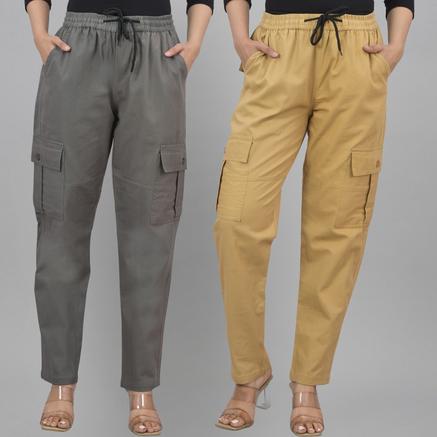 Pack  Of 2 Womens Grey And Khaki 5 Pocket Twill Straight Cargo Pants