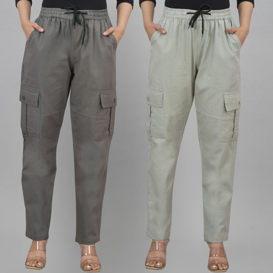 Pack  Of 2 Womens Grey And Melange Grey 5 Pocket Twill Straight Cargo Pants