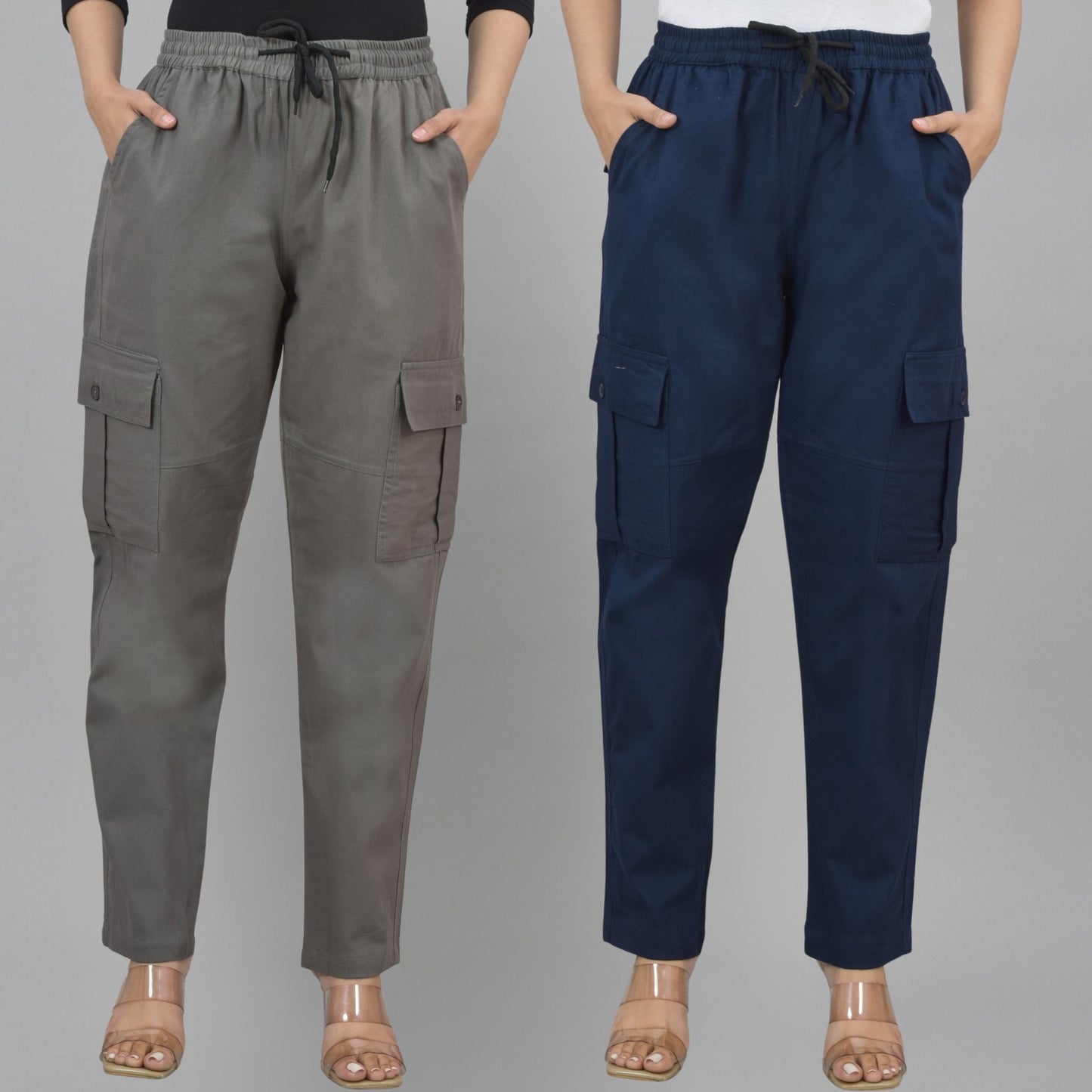 Pack  Of 2 Womens Melange Grey And Navy Blue 5 Pocket Twill Straight Cargo Pants