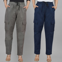 Pack  Of 2 Womens Grey And Navy Blue 5 Pocket Twill Straight Cargo Pants