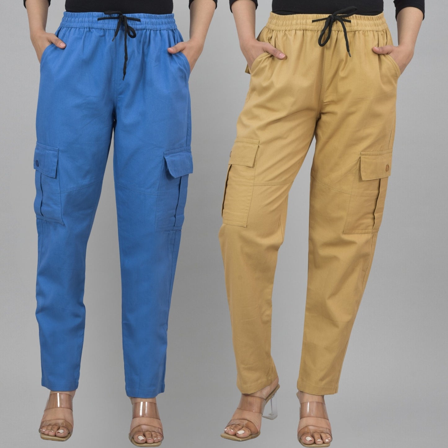 Pack  Of 2 Womens Blue And Khaki 5 Pocket Twill Straight Cargo Pants