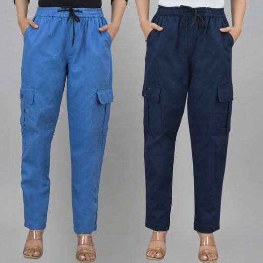 Pack  Of 2 Womens Blue And Navy Blue 5 Pocket Twill Straight Cargo Pants