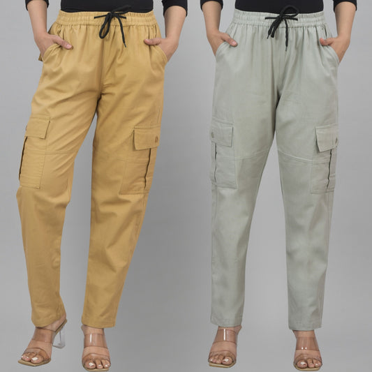 Pack  Of 2 Womens Khaki And Melange Grey 5 Pocket Twill Straight Cargo Pants