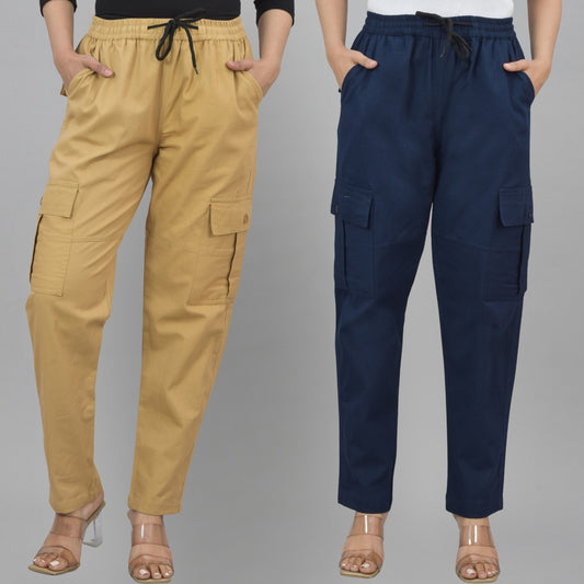 Pack  Of 2 Womens Khaki And Navy Blue 5 Pocket Twill Straight Cargo Pants