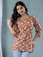 Womens Yellow Sanganeri Printed Cotton Short Kurti