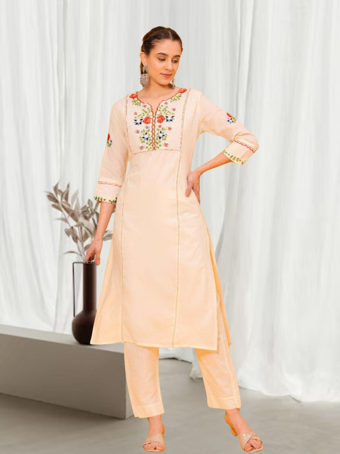 Womens Cream Embroidery Kurta Set