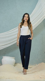 Women's Navy Blue Regular Fit Elastic Cotton Trouser