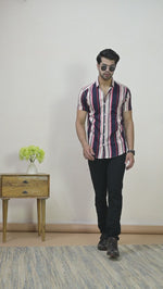 Mens Dark Blue Stripe Half Sleeve Crepe Shirt