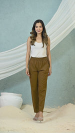 Women's Brown Regular Fit Elastic Cotton Trouser