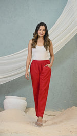 Women's Red Regular Fit Elastic Cotton Trouser