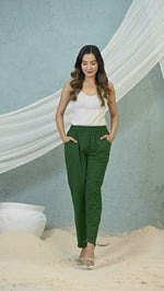 Women's Green Regular Fit Elastic Cotton Trouser