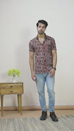 Mens Red Floral Printed Half Sleeve Crepe Shirt