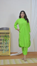 Womens Parrot Green Cotton Pathani Kurta and Pant Set