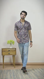 Mens Navy Blue Floral Printed Half Sleeve Crepe Shirt