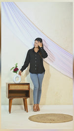 Womens Solid Black Airy Linen Cotton Shirt