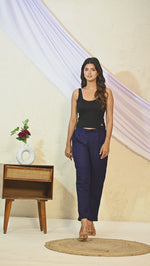 Women Regular Fit Navy Blue Rayon Trouser