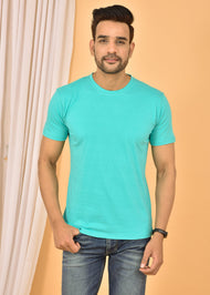 Couple Turquoise Round Neck Cotton Blend Plain T-shirt Set