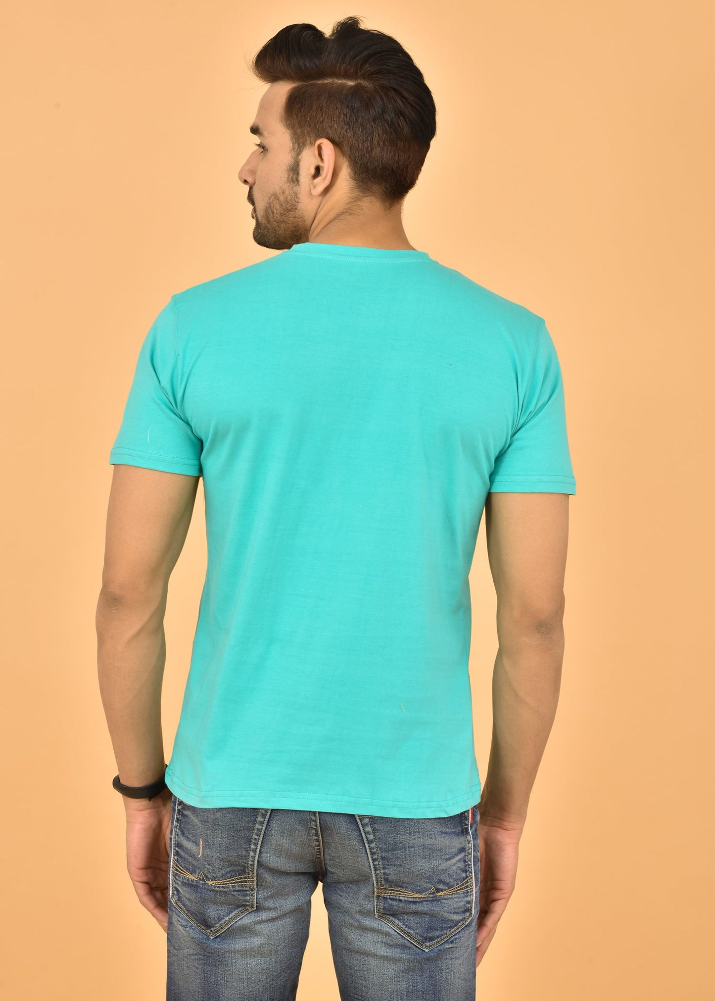 Couple Turquoise Round Neck Cotton Blend Plain T-shirt Set