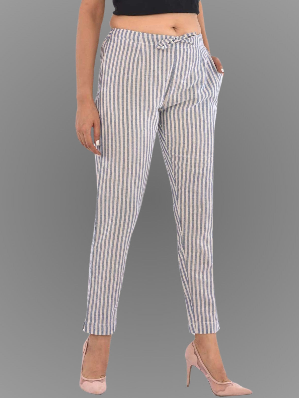 Womens Regular Fit Blue Stripe South Cotton Trouser