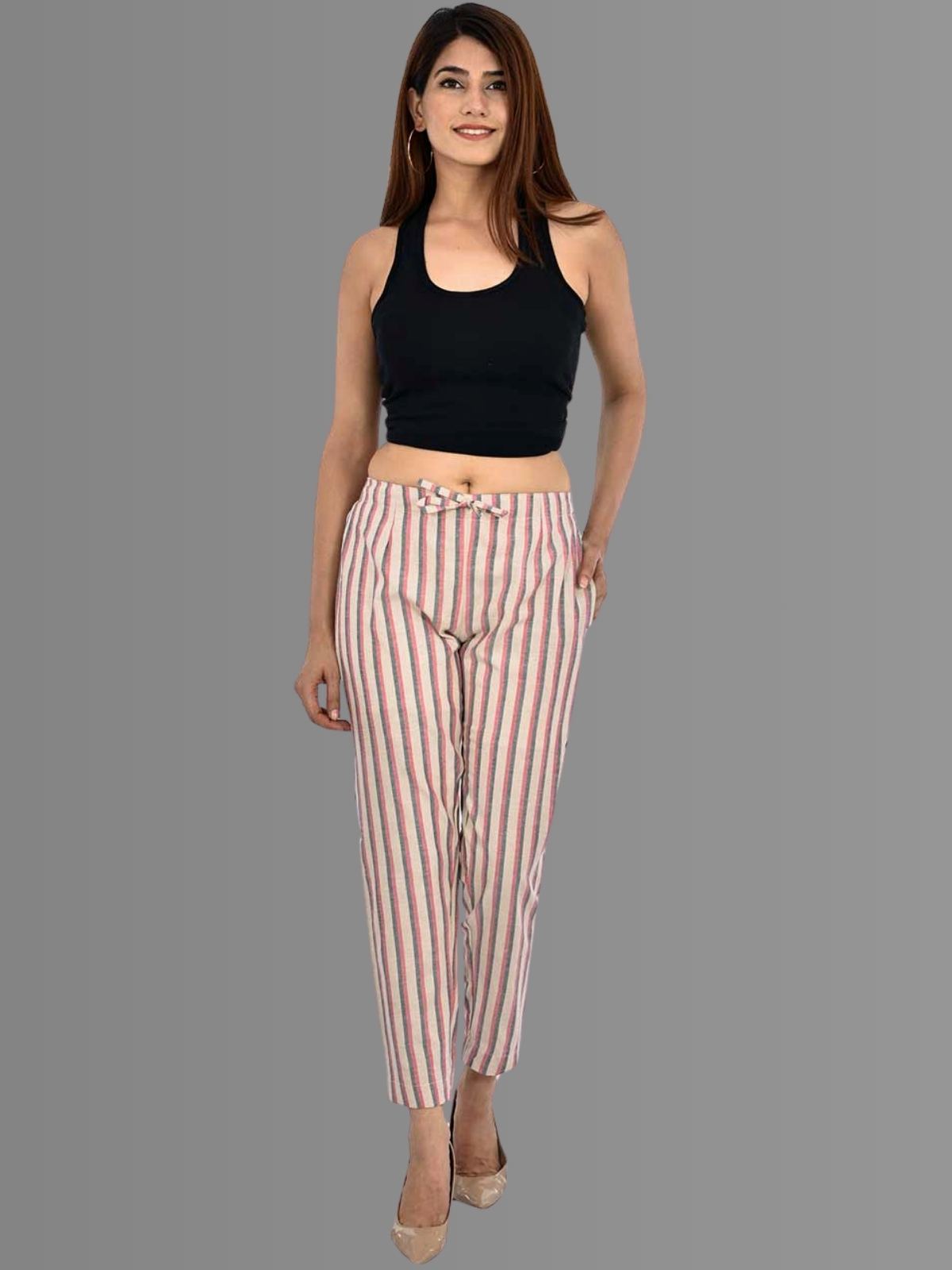 Womens Regular Fit Maroon Broad Stripe South Cotton Trouser