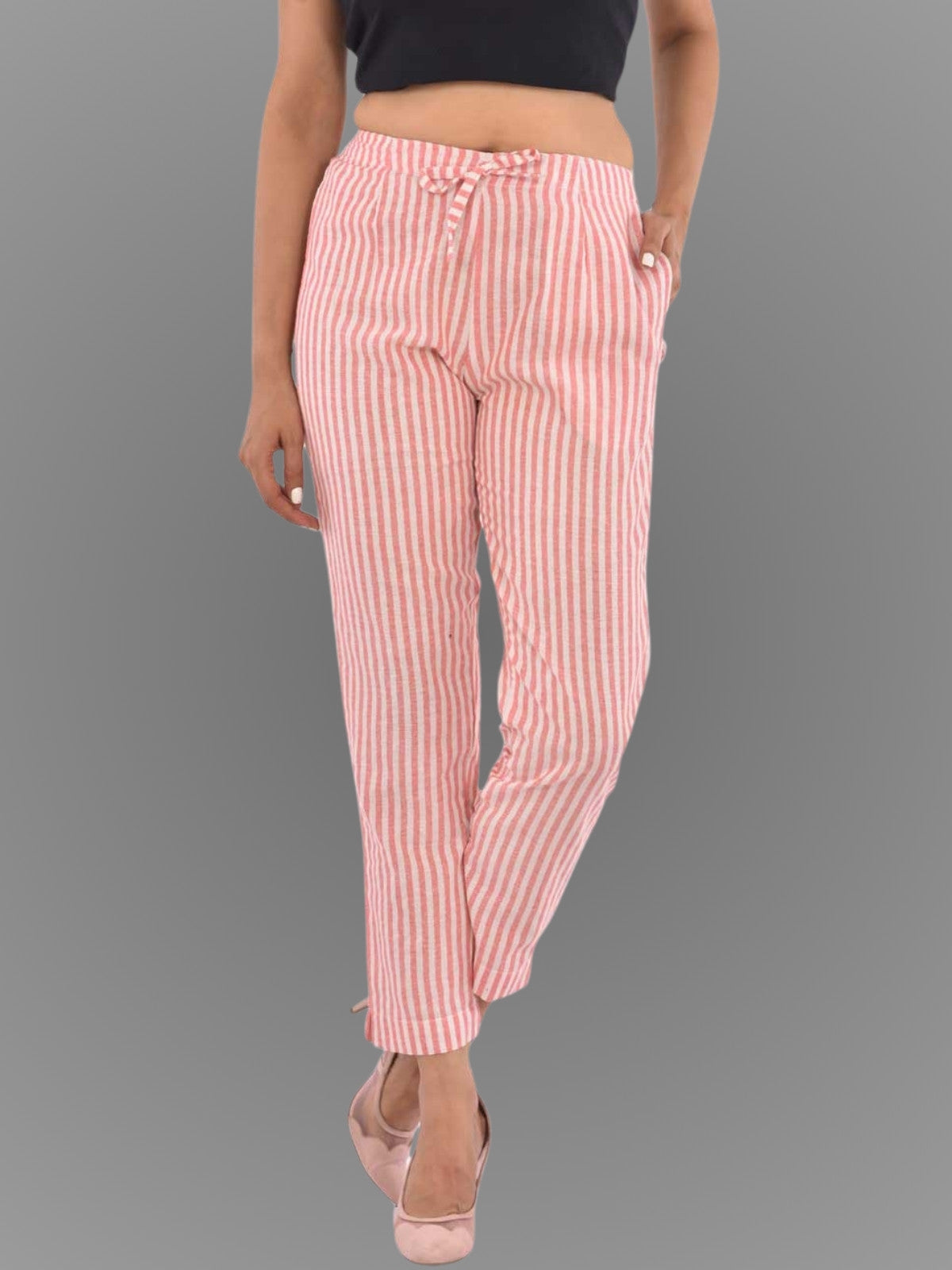 Womens Regular Fit Pink Stripe South Cotton Trouser