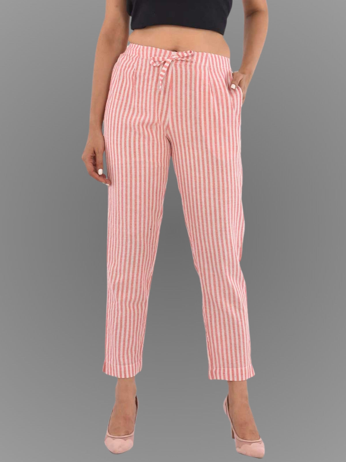 Womens Regular Fit Pink Stripe South Cotton Trouser