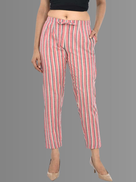 Womens Regular Fit Red Broad Stripe South Cotton Trouser
