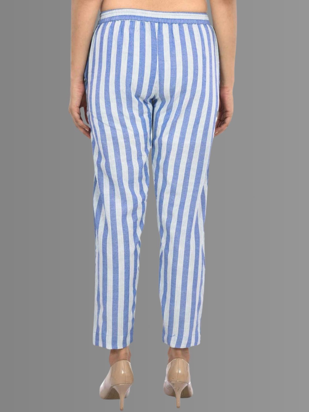 Womens Regular Fit Blue Broad Stripe South Cotton Trouser