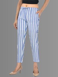Womens Regular Fit Blue Broad Stripe South Cotton Trouser