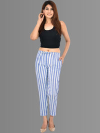 Womens Regular Fit Blue Broad Stripe South Cotton Trouser