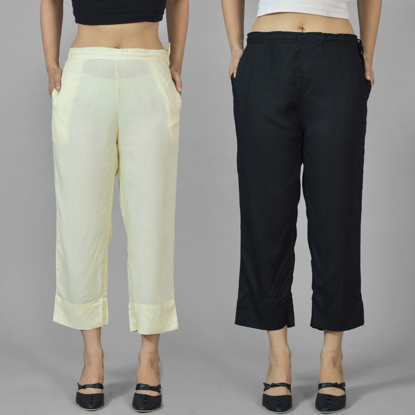 Pack Of 2 Womens Beige And Black Ankle Length Rayon Culottes Trouser Combo