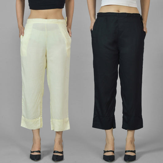 Pack Of 2 Womens Beige And Black Ankle Length Rayon Culottes Trouser Combo