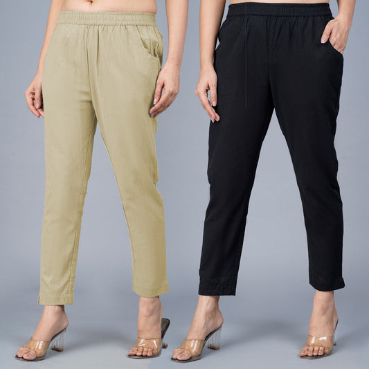 Pack Of 2 Womens Regular Fit Beige And Black Fully Elastic Waistband Cotton Trouser