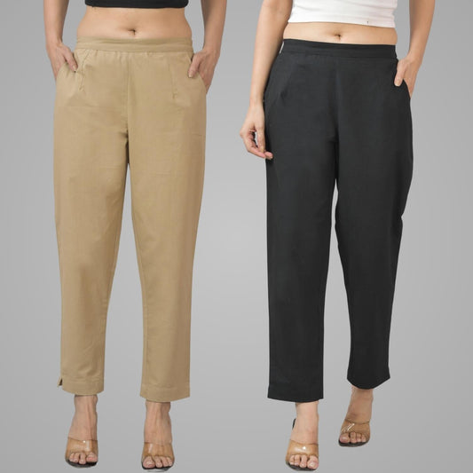Pack Of 2 Womens Half Elastic Beige And Black Deep Pocket Cotton Pants